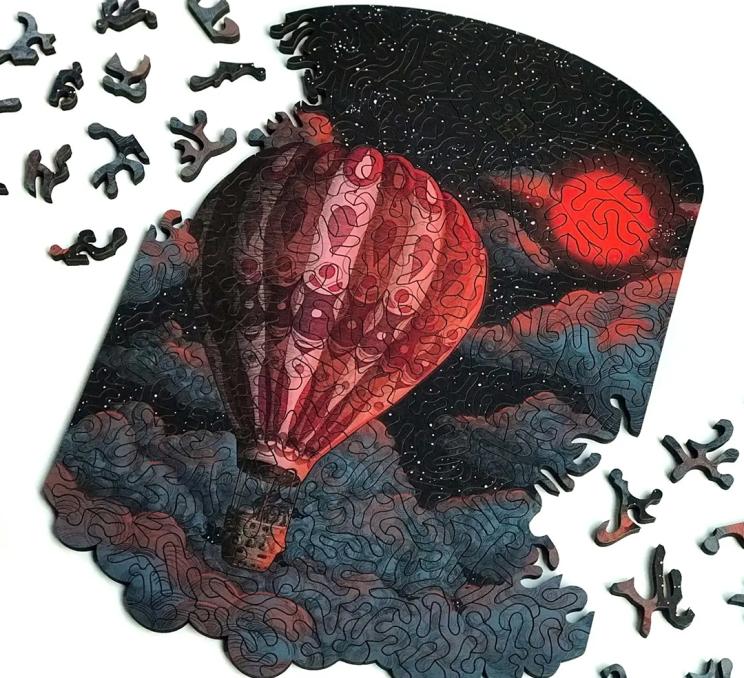 A jigsaw puzzle of a hot air balloon from Puzzle Lab in Victoria, BC