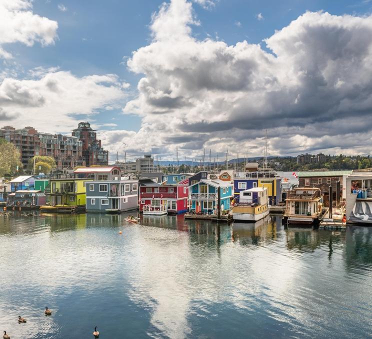 A view of Fisherman's Wharf, a floating neighbourhood in Victoria, BC