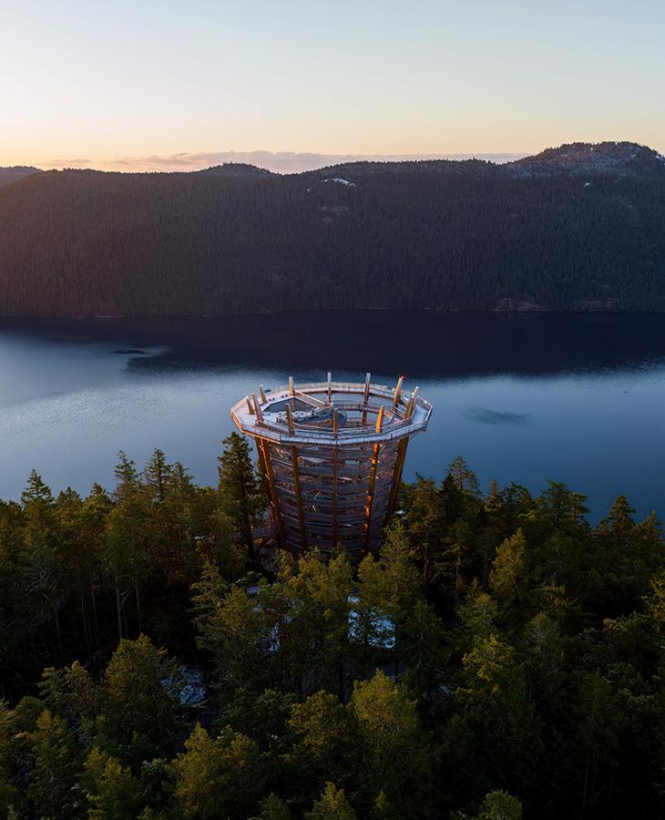 An aerial view of the Malahat SkyWalk at sunrise overlooking the Saanich Peninsula in Greater Victoria, BC