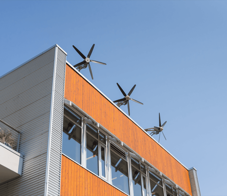 Wind turbines on the roof of a building in Victoria, BC