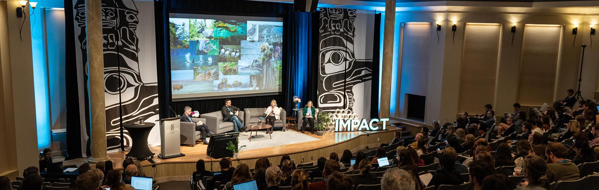 A fireside chat in the lecture theatre of the Victoria Conference Centre during the IMPACT Sustainability Conference in Victoria, BC