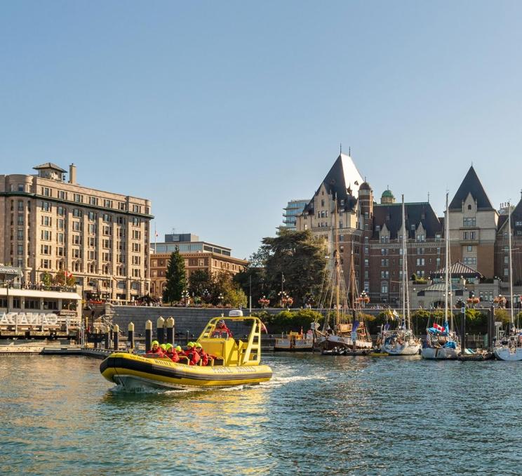 A zodiac whale watching tour departs the Inner Harbour of Victoria, BC
