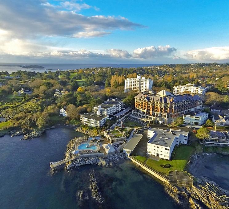 An aerial view of the Oak Bay Beach Hotel in Victoria, BC's Oak Bay neighbourhood