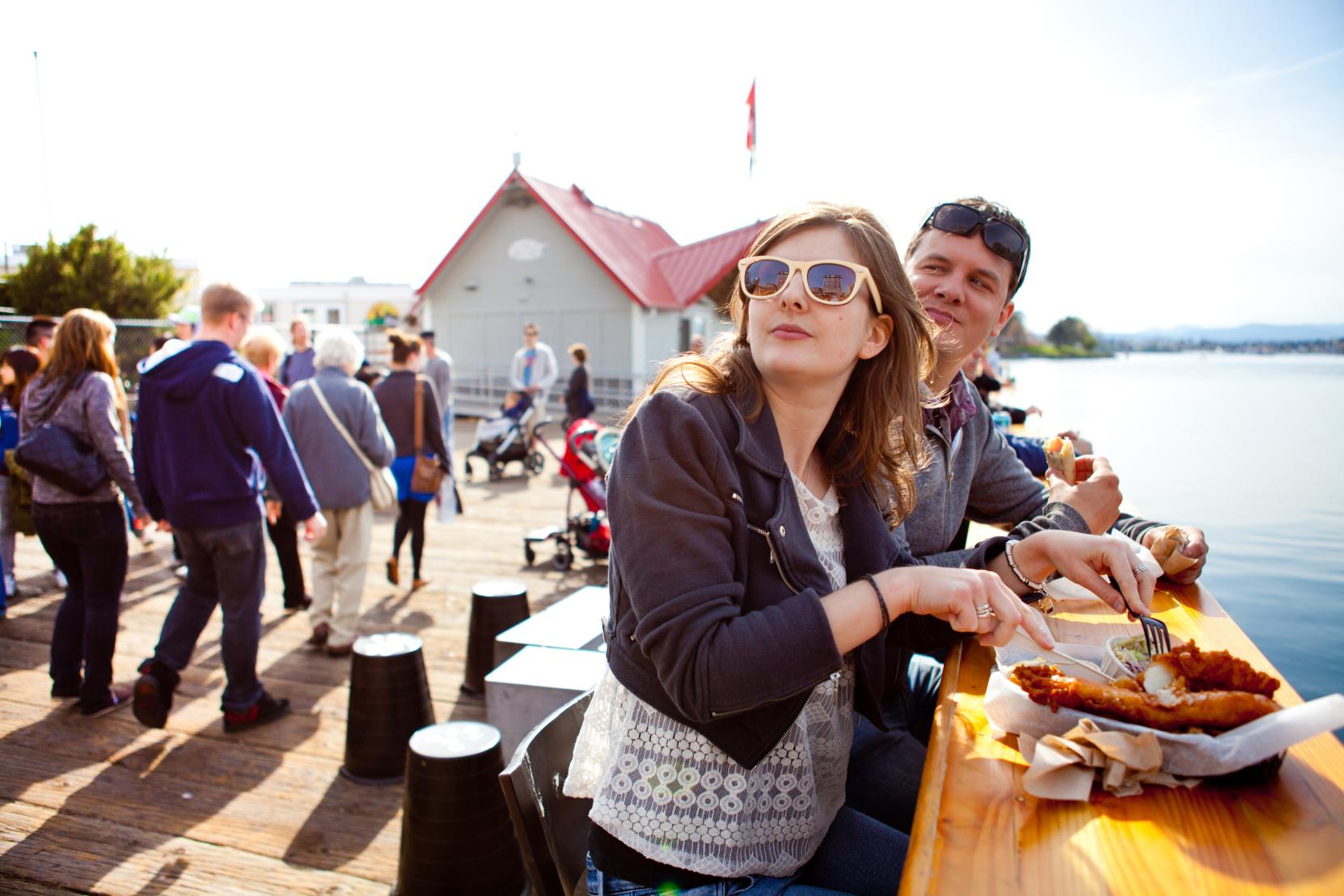 Couple eating fish and chips