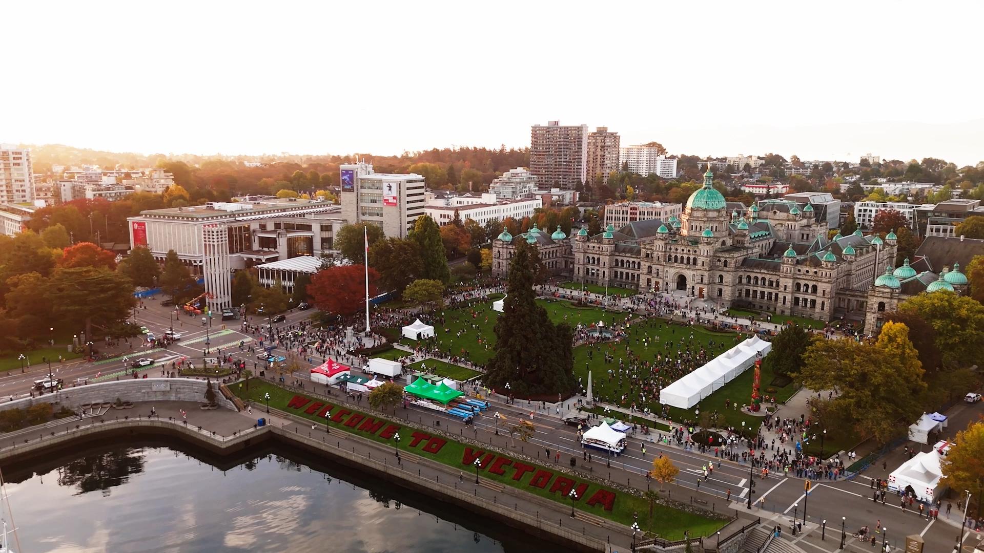 An aerial view of a sports event outside the BC Parliament Buildings in Victoria, BC