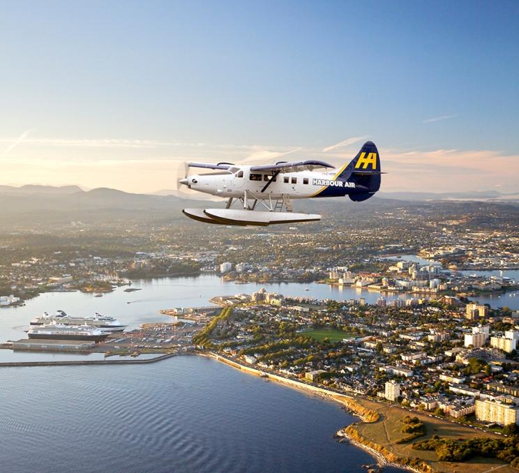 A Harbour Air Seaplanes flight flies over Victoria, BC