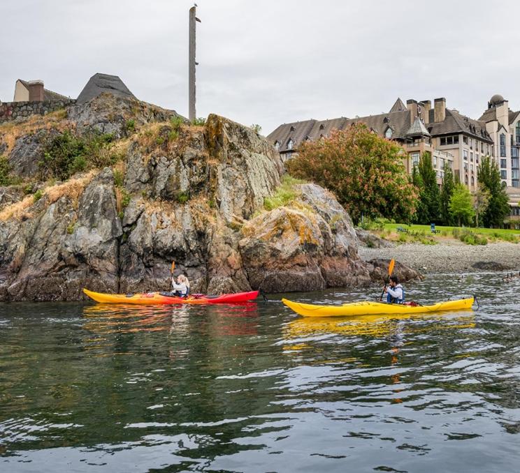 A pair of kayakers paddle along Victoria, BC's Inner Harbour