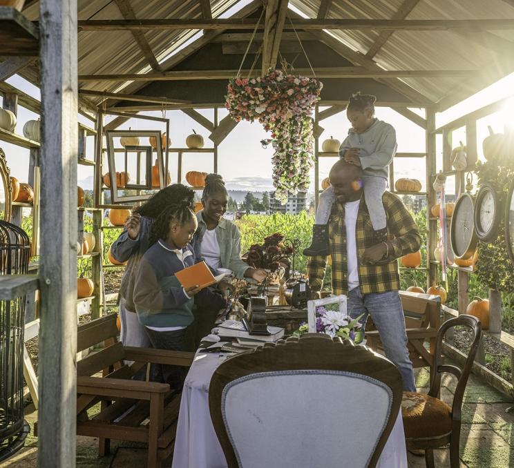 A young family explores the pumpkin patch, examining an Alice in Wonderland display, at Ocean View Estates, a farm in Victoria, BC