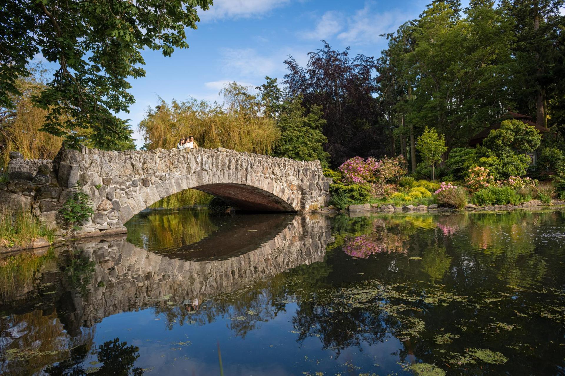 A young family stands atop a stone bridge above a lake amidst the gardens of Beacon Hill Park in Victoria, BC