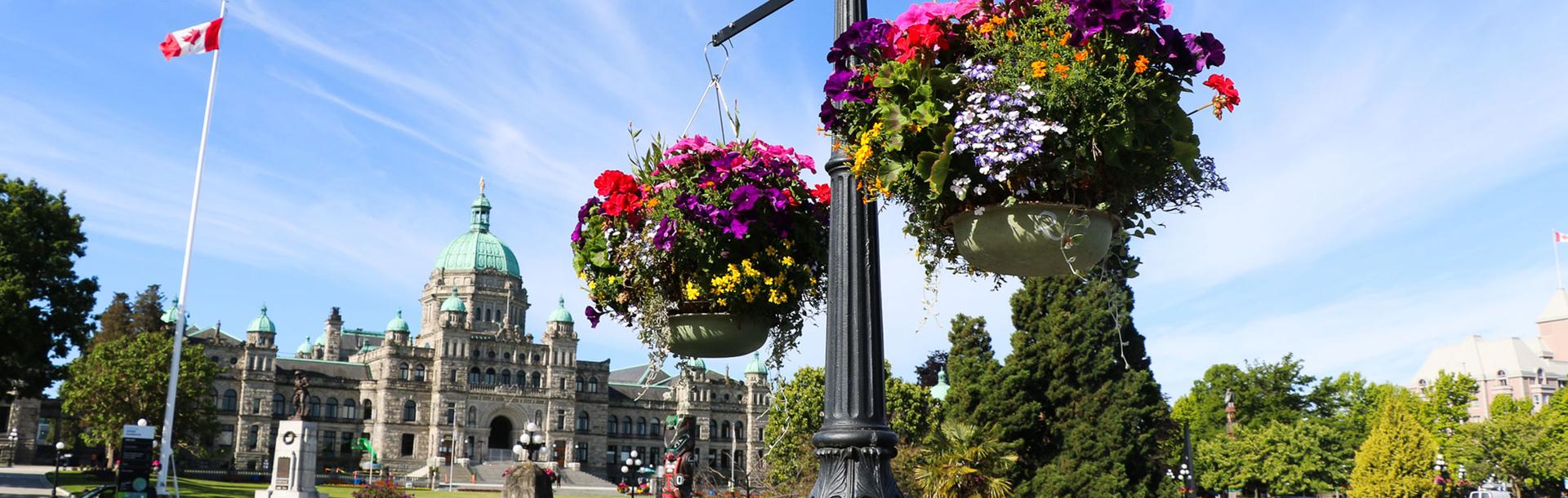 Floral hanging baskets line the Inner Harbour in Victoria, BC